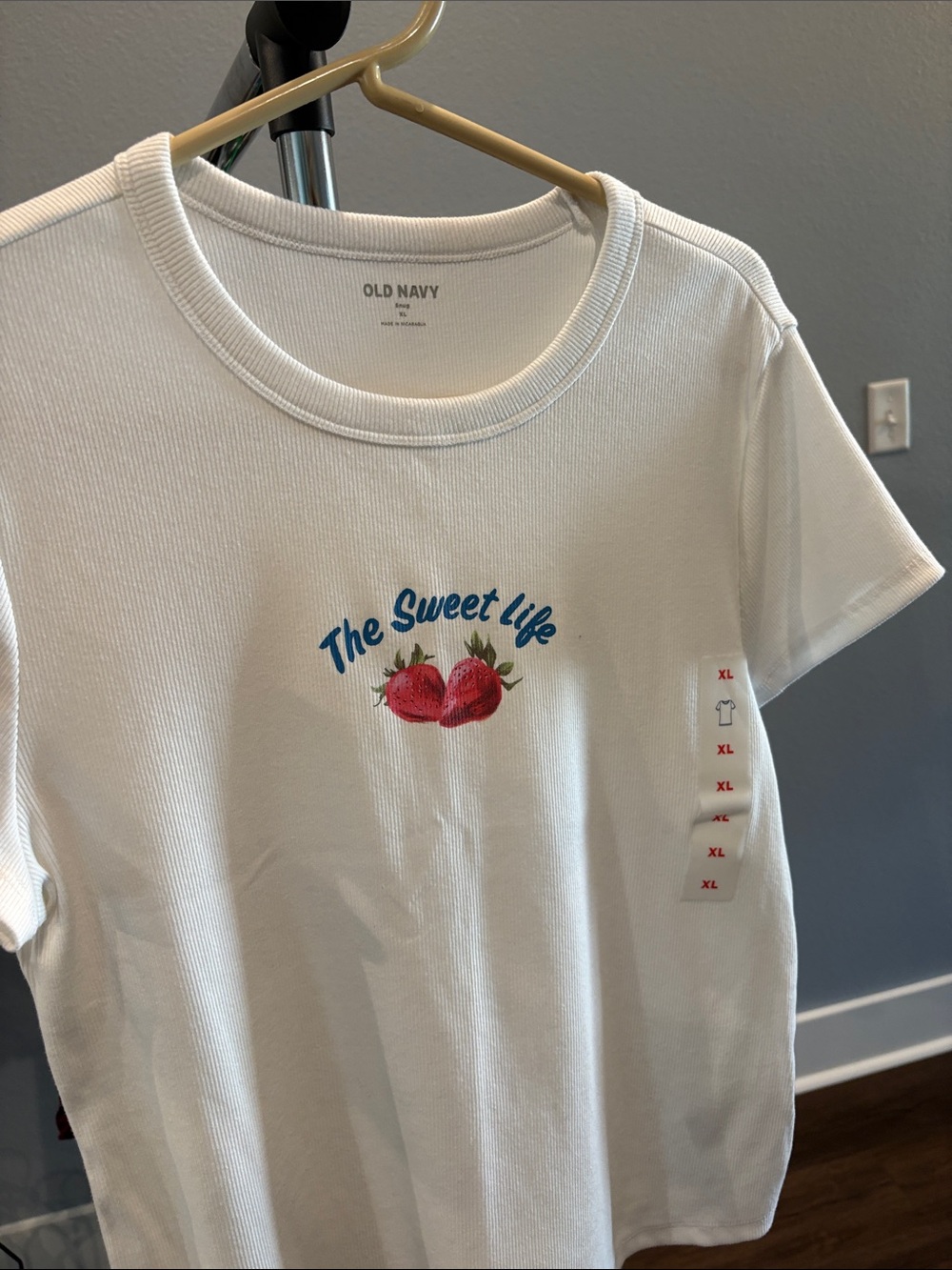 Old Navy White Tee with Blue 'The Sweet Life' Script and Red Strawberry Graphic